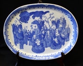 Antique Very Old Chinese Kangxi Oval Porcelain Platter Tray Immortals Blue White Late Qing Dynasty 18 Immortals In A Gathering