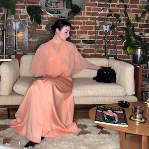 vintage 1960s peach two piece dress with sheer cover up