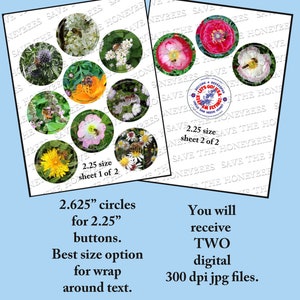 Flower digital, Honeybee Digital Collage Printable Downloadable 2.625 Circles for 2.25&quot; buttons, Pocket Mirrors