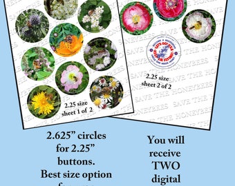 Flower digital, Honeybee Digital Collage Printable Downloadable 2.625 Circles for 2.25" buttons, Pocket Mirrors