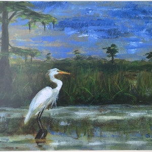 White Egret in Marsh art print, Louisiana art, Bird art print, Marsh art painting image 1