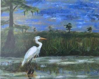 White Egret in Marsh art print, Louisiana art, Bird art print, Marsh art painting