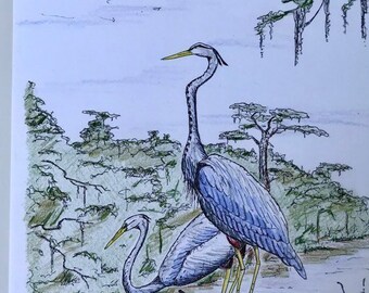 Blue Heron Bird Pen and Ink Drawing, Louisiana Home Decor, Swamp art print, Louisiana bird art