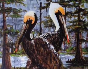 Pelican pair in Louisiana marsh art print, Acadiana art, Cajun Home decor, Cypress trees art