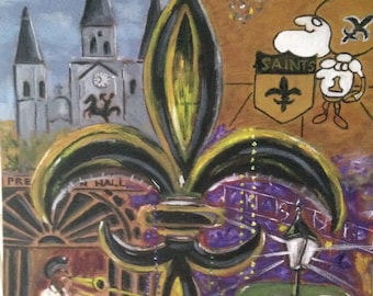 SALE NOLA Black and Gold Fleur de lis art, Louisiana art print, French Quarter painting