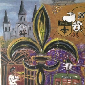 SALE NOLA Black and Gold Fleur de lis art, Louisiana art print, French Quarter painting