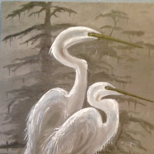 Louisiana White Egrets in foggy swamp, Louisiana art, Swamp painting, Cajun decor