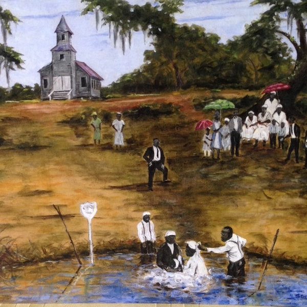 VENTE sur BEST SELLER, Histoire des Noirs, Baptême du Bayou, Estampe d’art de Louisiane, Art afro-américain, Art populaire du Sud.