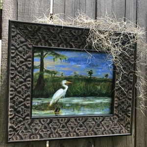 White Egret in Marsh art print, Louisiana art, Bird art print, Marsh art painting image 2