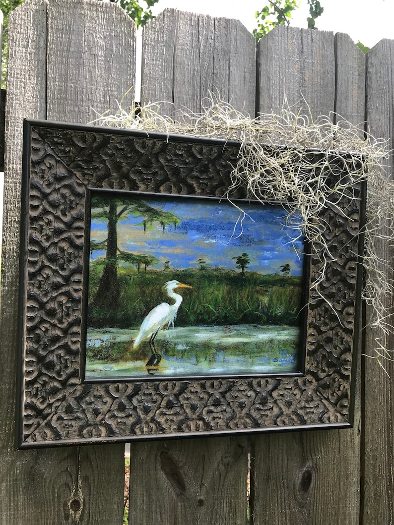 White Egret in Marsh art print, Louisiana art, Bird art print, Marsh art painting image 2
