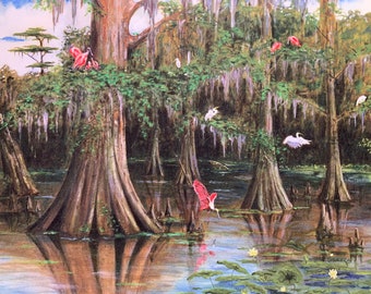 Swamp birds nesting over alligators.