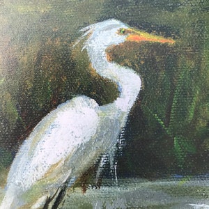 White Egret in Marsh art print, Louisiana art, Bird art print, Marsh art painting image 3