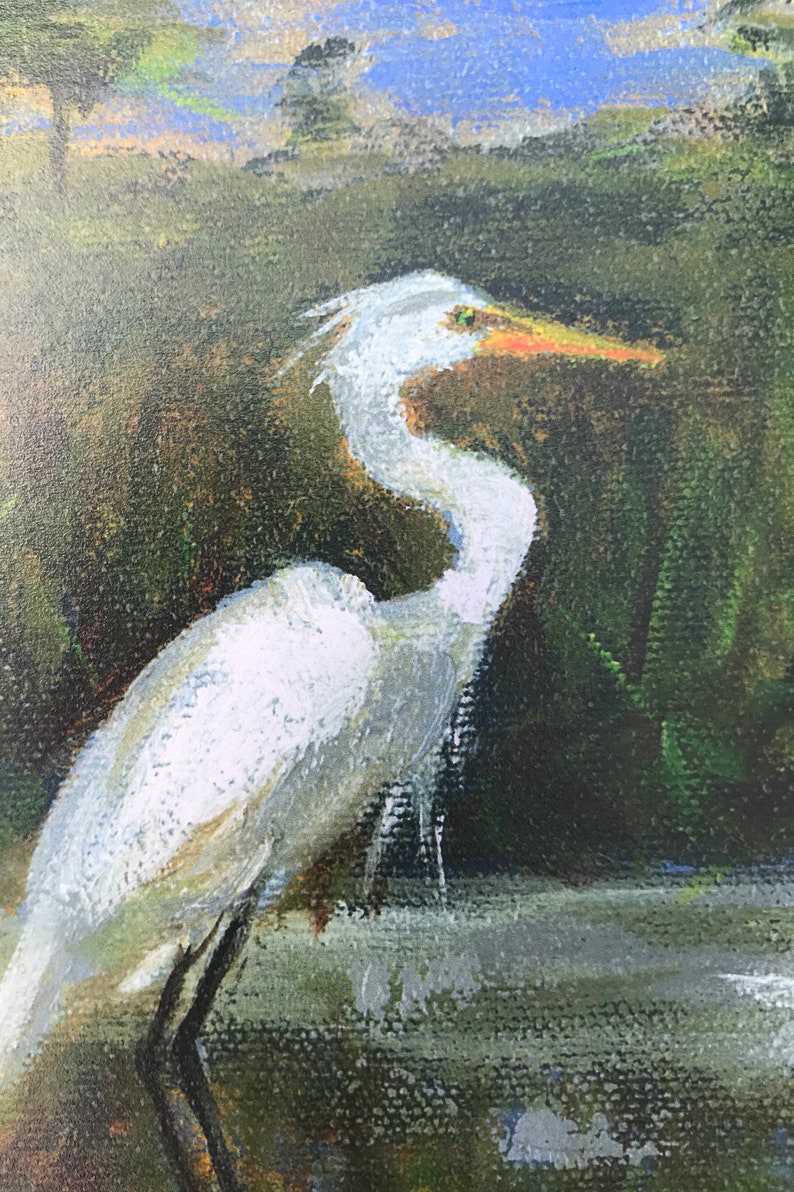 White Egret in Marsh art print, Louisiana art, Bird art print, Marsh art painting image 3