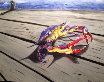 Blue Crab art print, Cajun kitchen decor, Seafood art, Beach house decor