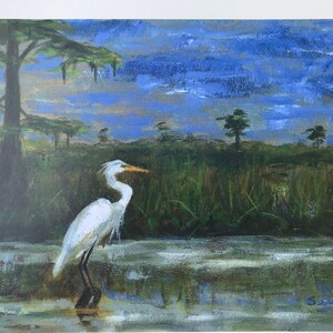 White Egret in Marsh art print, Louisiana art, Bird art print, Marsh art painting image 6
