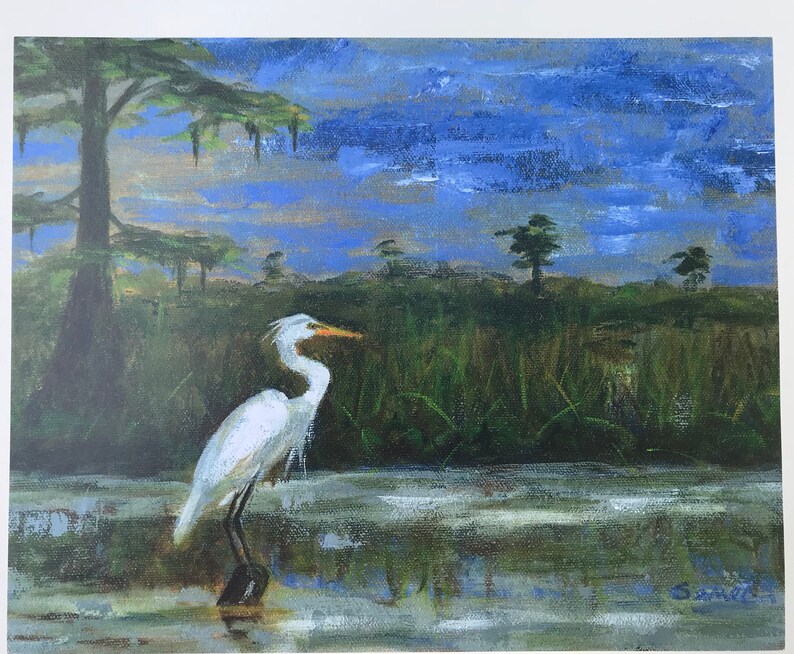 White Egret in Marsh art print, Louisiana art, Bird art print, Marsh art painting image 6