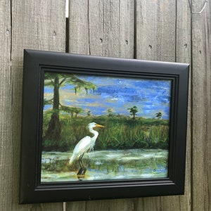 White Egret in Marsh art print, Louisiana art, Bird art print, Marsh art painting image 7