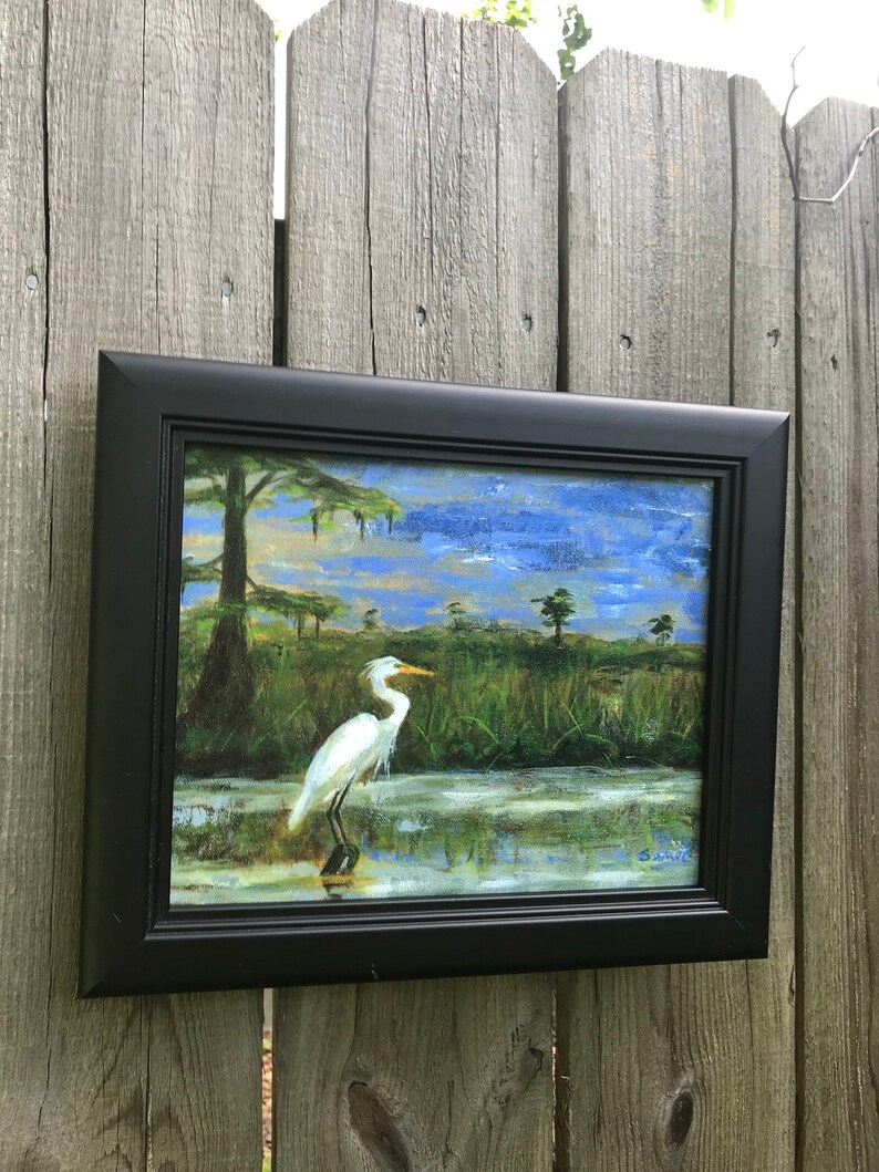 White Egret in Marsh art print, Louisiana art, Bird art print, Marsh art painting image 7