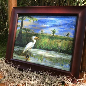 White Egret in Marsh art print, Louisiana art, Bird art print, Marsh art painting image 9