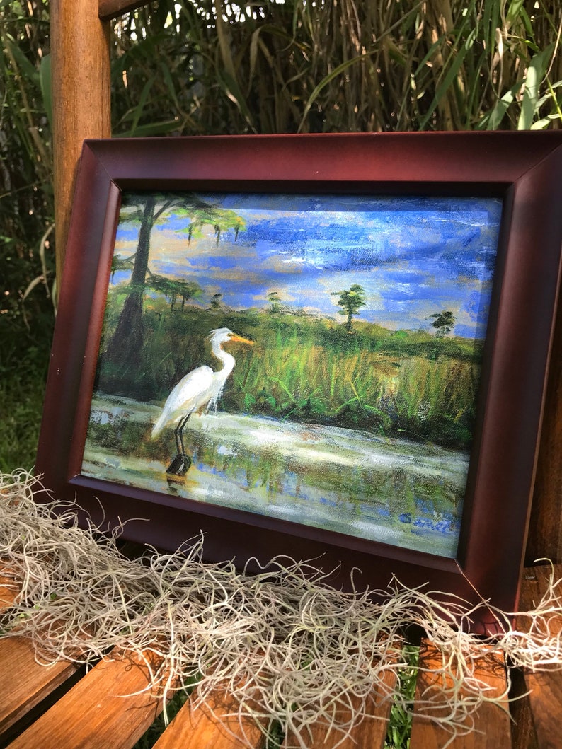 White Egret in Marsh art print, Louisiana art, Bird art print, Marsh art painting image 9