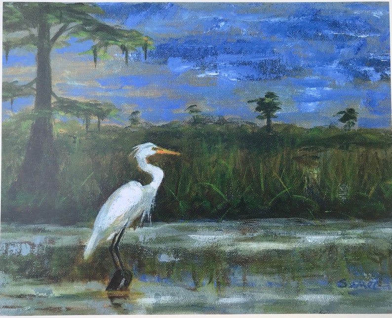 White Egret in Marsh art print, Louisiana art, Bird art print, Marsh art painting image 1