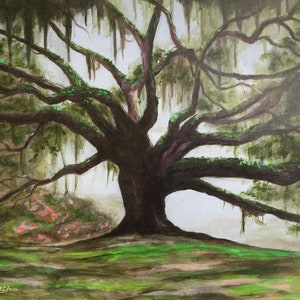 Avery Island Majestic Oak Tree & Azaleas art print, Acadiana or Cajun decor, Louisiana landscape painting