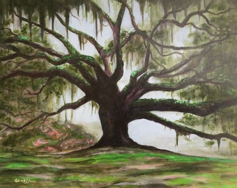 Avery Island Majestic Oak Tree & Azaleas art print, Acadiana or Cajun decor, Louisiana landscape painting