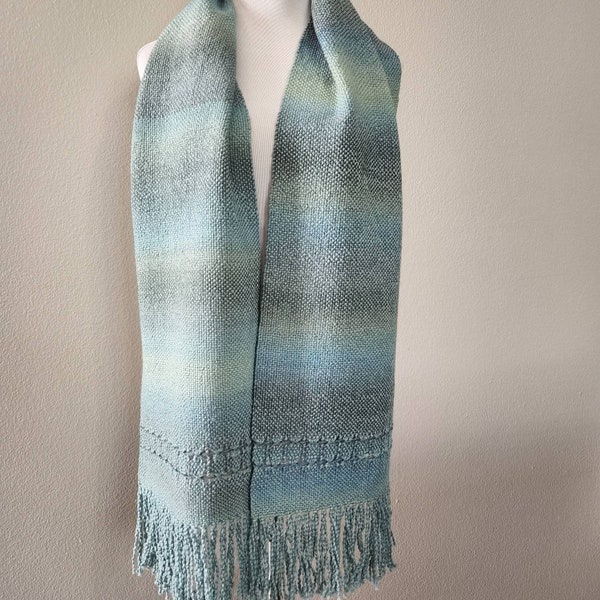 Handwoven scarf in gradient teals