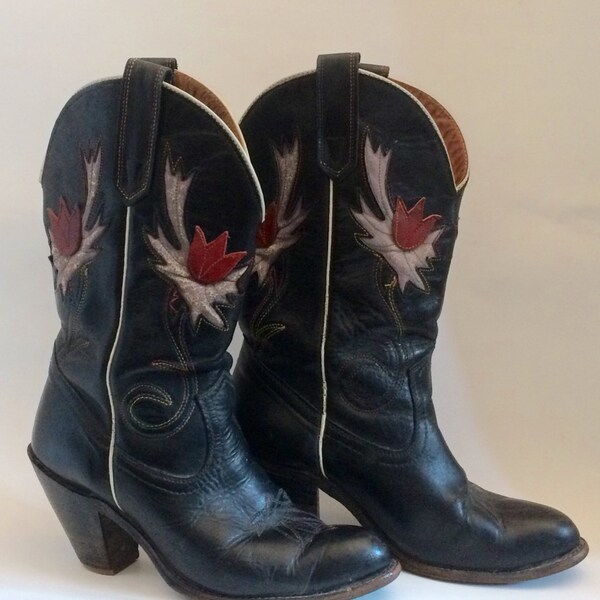 Vintage anni 1970 Miss Capezio nero in pelle stivali da Cowboy femminile Noi 8/UK 6/EU 39 larghezza media