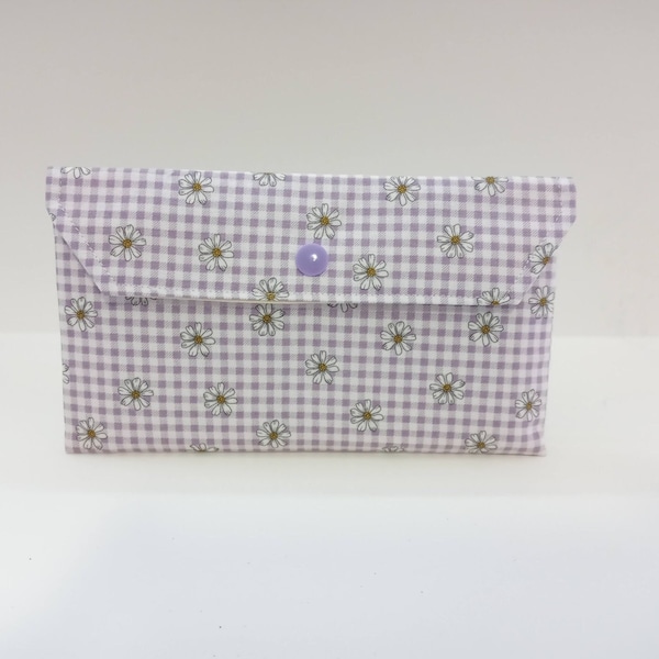 Gingham Lavender daisy Envelope Wallet, coins zipper pocket, big pocket holds paper money, credit cards insert, checkbook, Snap Closure #616