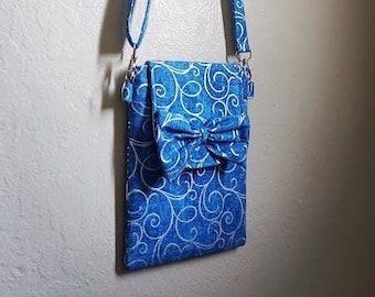 Swirls Foil Blue Crossbody Bag, Cell phone Bag, Zippered pocket, sling bag, shoulder bag, Adjustable strap, magnetic snap closure #464