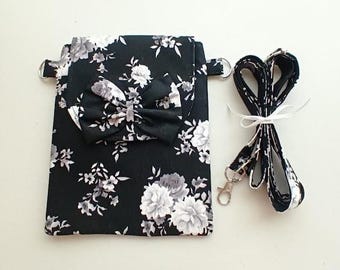 Spaced Floral on Black Crossbody Bag, Cell phone Bag, Zippered pocket sling bag, shoulder bag, Adjustable strap, magnetic snap closure #630b