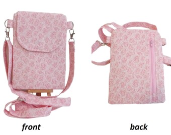 Roses Floral Crossbody Bag, Cell phone Bag, Zippered pocket, sling bag, shoulder bag, Messenger bag, wallet Adjustable strap Pink Roses #938