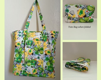 Foldable Tote Bag with front pocket, eco friendly grocery bag, market bag, teacher's bag, gym bag, all purpose bag, everyday floral bag #595