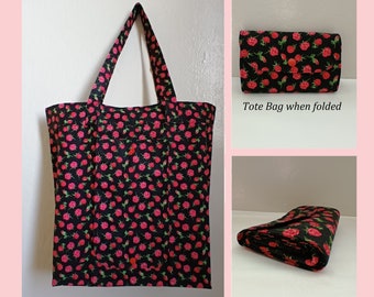 Rose Foldable Tote Bag with front pocket, eco friendly grocery bag, market bag, teacher's bag, gym bag, all purpose bag, everyday bag #1022a