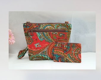 2pc African Fabric Crossbody Bag with Matching Coin Purse, front zippered Cell phone bag , Adjustable canvas strap , Mini Messenger #663b