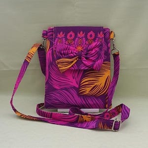 Batik Feather Violet Crossbody Bag, Cell phone Bag Zippered pocket , sling bag, shoulder bag, Adjustable strap magnetic snap closure #1242a
