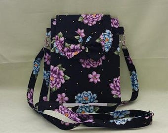 Purple Dahlia On Black Crossbody Bag, Cell phone Bag Zippered pocket , sling bag, shoulder bag, Adjustable strap magnetic snap closure #1145