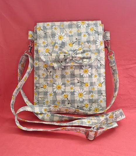 Daisy on Blue Checkered Crossbody Bag, Cell phone Bag, Zippered pocket, sling bag, shoulder bag Adjustable strap magnetic snap closure #935a