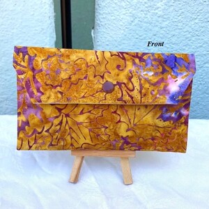 Cartera tipo sobre con diseño de hojas marrones batik, bolsillo con cremallera para monedas, bolsillo grande para billetes, inserto para tarjetas de crédito, chequera, cierre a presión n.° 186bb