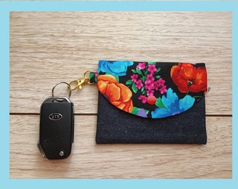 Denim Floral Mini Wallet Swivel Keychain. Holder for Credit Card, Gift Card, Business Card, Cash, Driver License  ID.  #1104