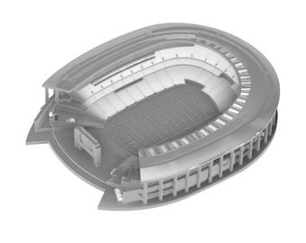 May include: A cutaway view of a gray and white stadium with a football field in the center. The stadium has multiple levels of seating and a scoreboard that reads "SCOREBOARD".
