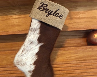 Custom Cowhide Stocking with Embroidered Burlap Cuff, Fully Lined