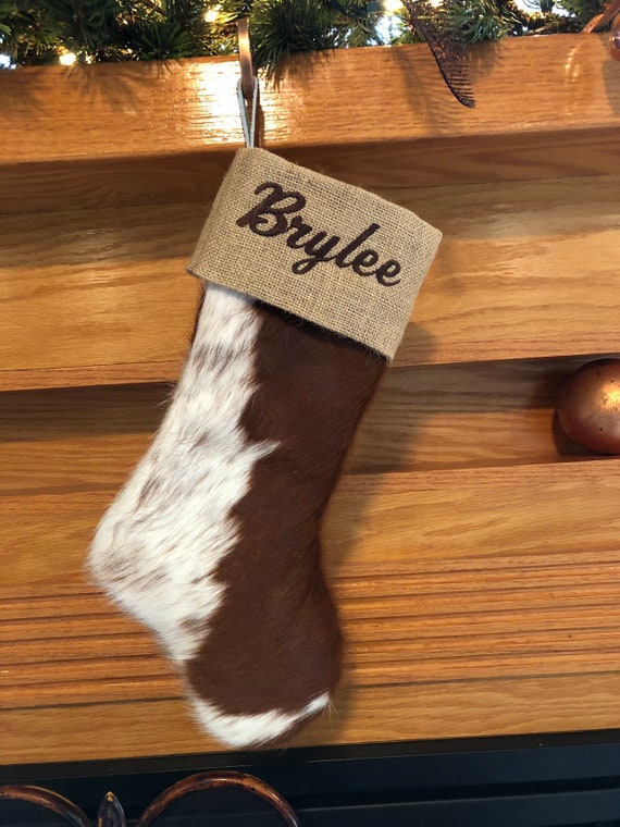 Custom Cowhide Stocking With Embroidered Burlap Cuff Fully Etsy