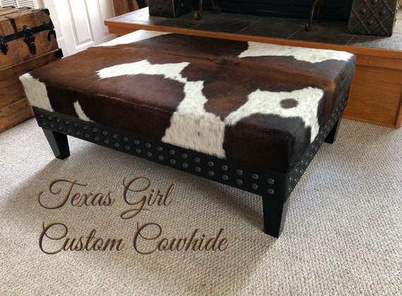 Custom Build Cowhide Ottoman Coffee Table Bench With Nail Head