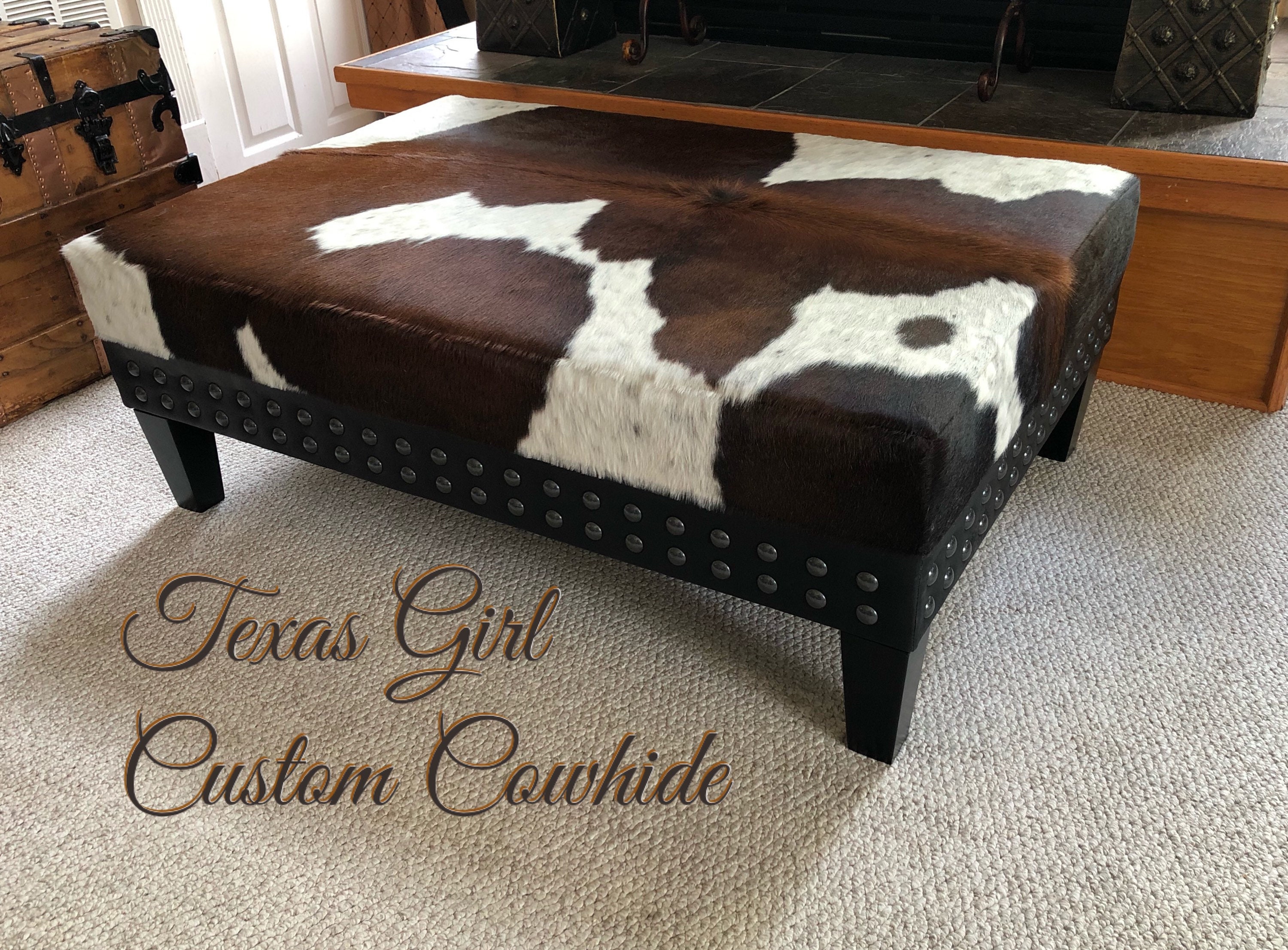 Custom Build Cowhide Ottoman Coffee Table Bench With Nail Head Etsy Australia