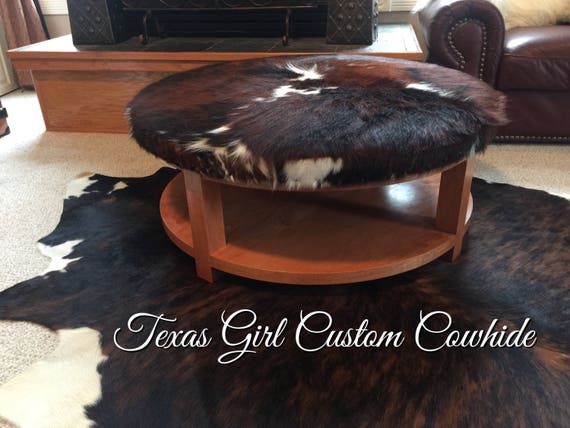 Custom Build Genuine Cowhide Round Coffee Table Ottoman with Shelf