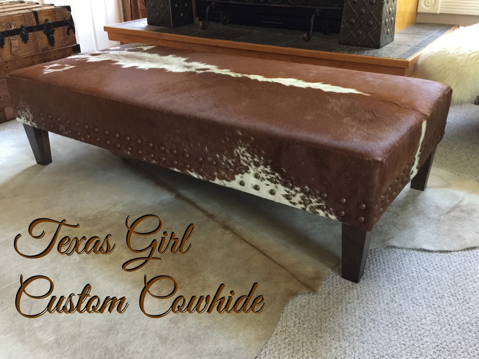 Custom Build Cowhide Ottoman Coffee Table Bench With Nail Head