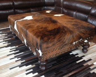 Custom Build Cowhide Ottoman Coffee Table Bench with Nail Head Trim