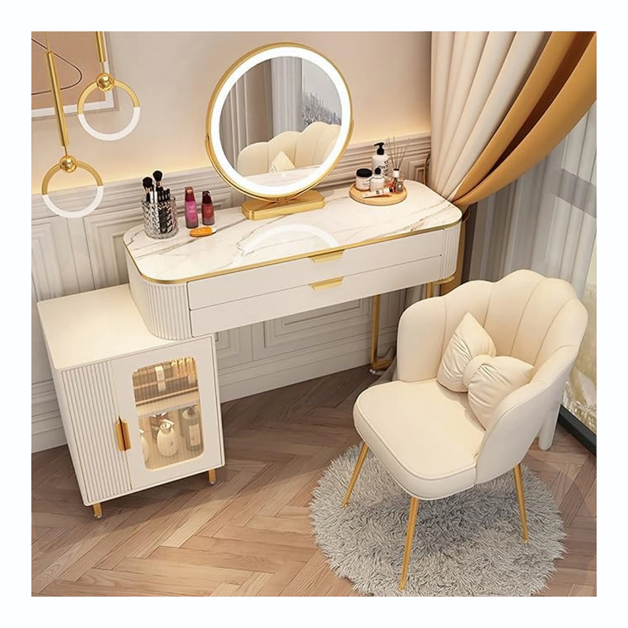 Mesa de tocador de maquillaje, espejo regulable con pantalla táctil de 3  colores, con mesita de noche móvil y taburete acolchado, decoración de